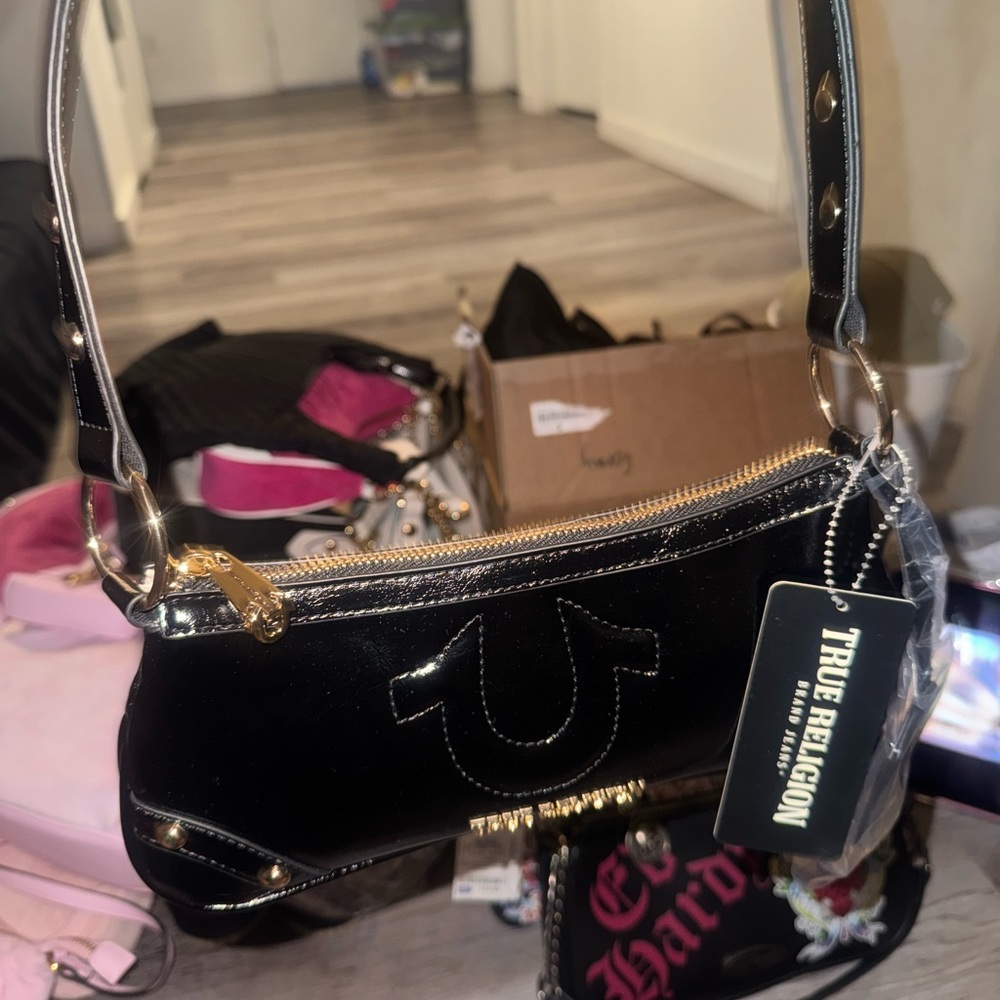 True Religion Black Shoulder Bag with Gold Accents